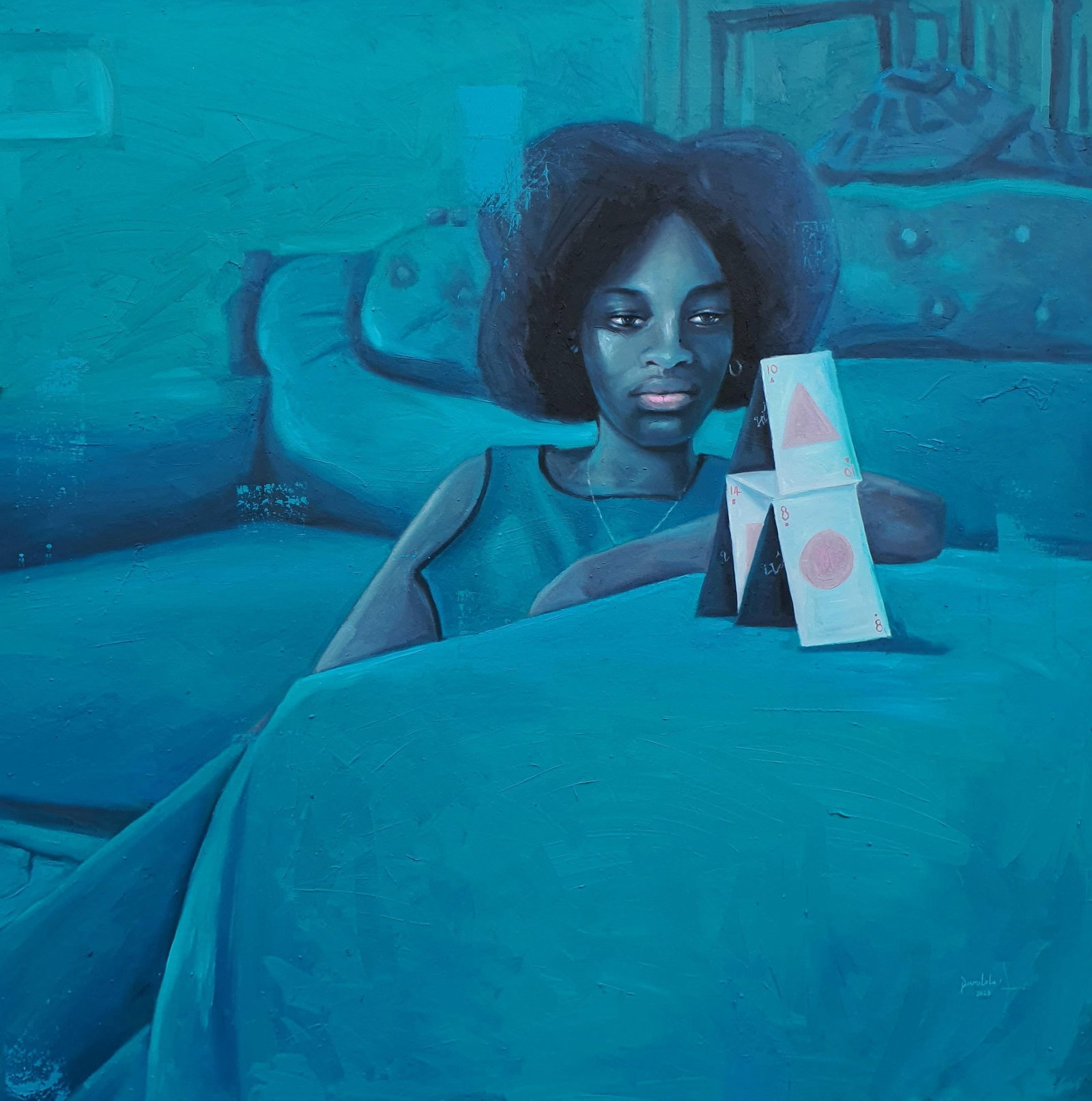 Ajegbomogun Damilola, Bleasure 7 (The Invented Destiny), 2023: Creator: Ajegbomogun Damilola (1993, Nigerian) Creation Year: 2023 Dimensions: Height: 48 in (121.92 cm)Width: 47.2 in (119.89 cm)Depth: 1 in (2.54 cm) Medium: Canvas,Oil Movement & Style: