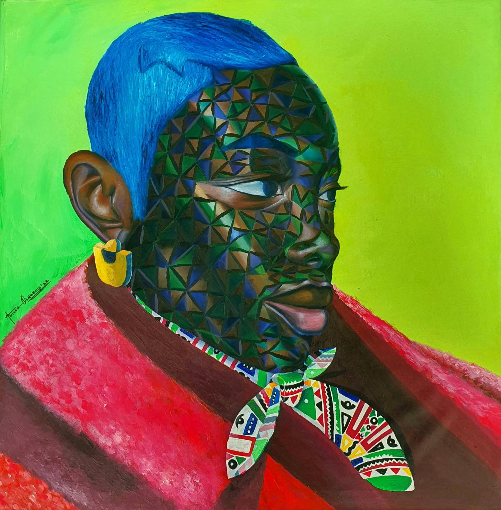 Abiola Olabamiji, Ayanmo (Fate), 2022: Creator: Abiola Olabamiji (1992, Nigerian) Creation Year: 2022 Dimensions: Height: 36 in (91.44 cm)Width: 36 in (91.44 cm)Depth: 1 in (2.54 cm) Medium: Canvas,Mixed Media,Oil,Acrylic Movement & Style:
