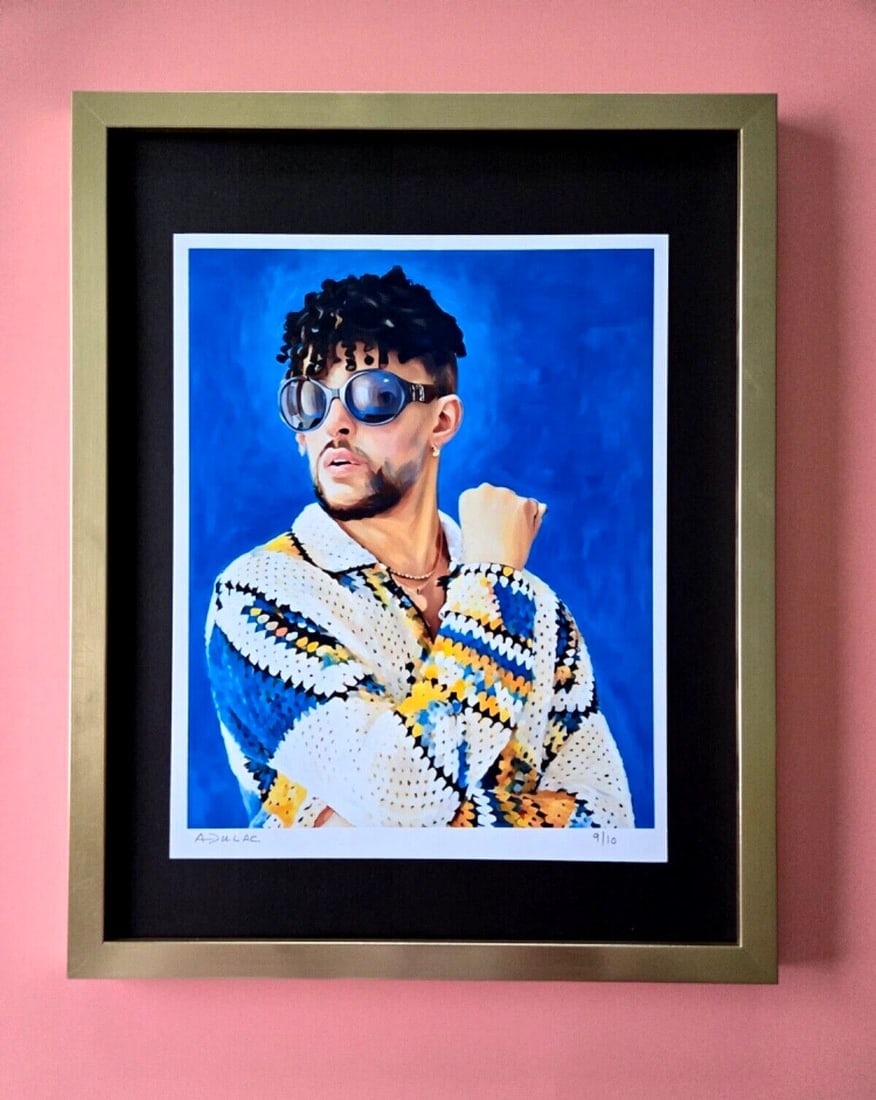 ALEXANDER DULAC | BAD BUNNY Hand Signed Authentic Print Edition of 10 | COA: My art is a celebration of the grandeur and splendor of the 21st century. Through my portraits, I seek to immortalize those who not only define but also inspire aspiration and luxury in our