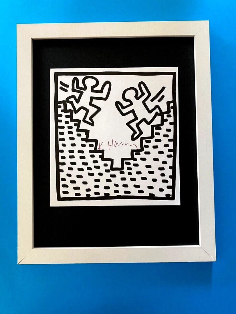 Keith Haring | Vibrant & Iconic Print Signed Mounted & Framed 14x11: Up for Auction this Beautiful and Scarce Vintage 1989 Offset Lithograph after Keith Haring Facsimile Signed in ink. Art Print is about 8 X 8 in. This piece is mounted on a 11 x 14 in. black acid free 