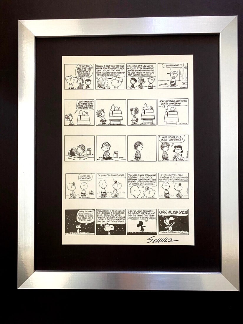 Charles Schulz Snoopy Peanuts 1968 Signed Vintage Print New Frame: WE HAVE FOR SALE TODAY THIS BEAUTIFUL VINTAGE 1968 OFFSET LITHOGRAPH AFTER CHARLES M. SCHULTZ " PEANUTS CARTOON " FACSIMILE SIGNED IN INK ART PRINT IS ABOUT 11.2 X 8.4IN THIS ART PRINT IS MOUNTED ON