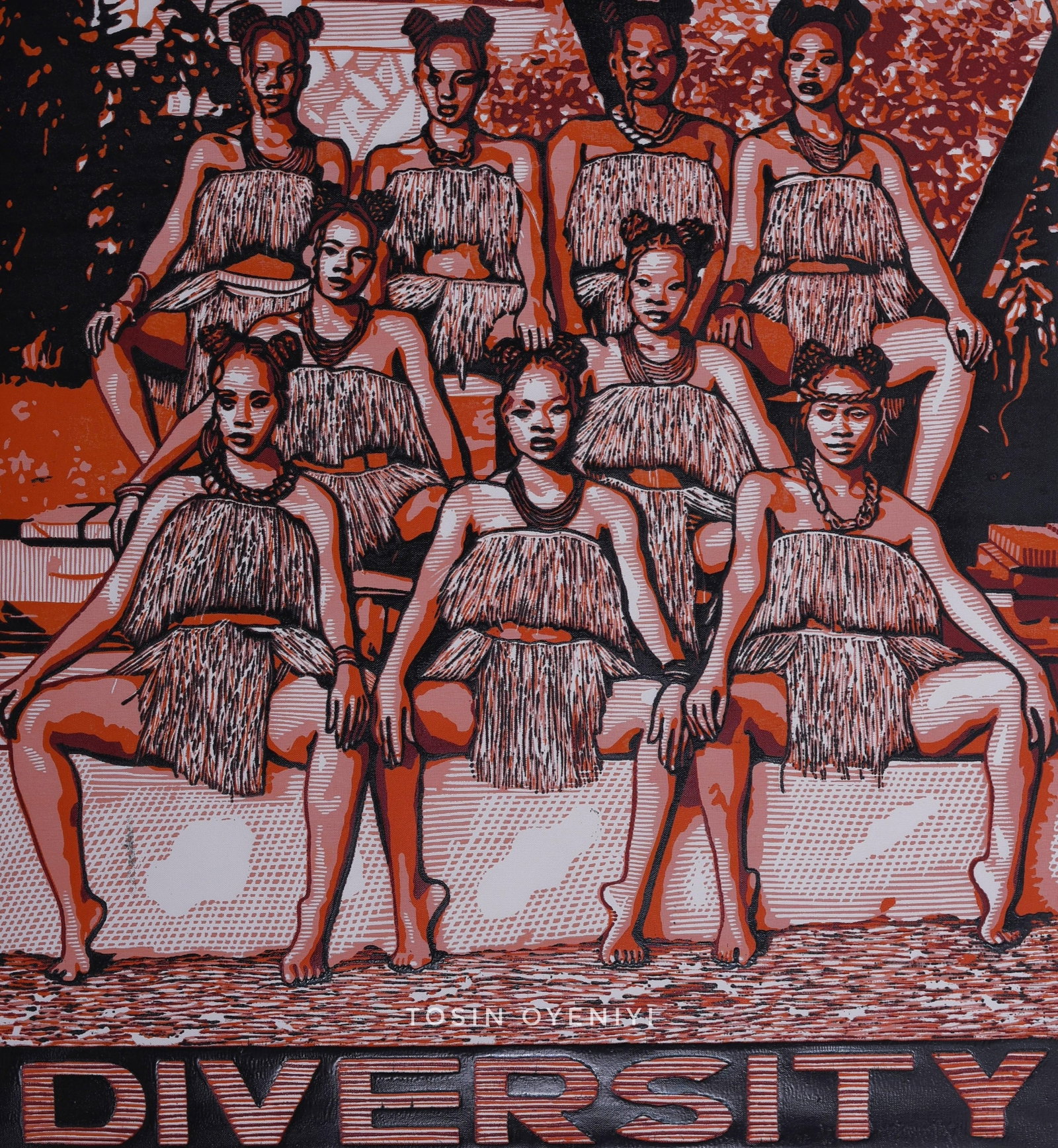 Tosin Oyeniyi , Equity and Diversity, 2023: Creator: Tosin Oyeniyi (1987, Nigerian) Creation Year: 2023 Dimensions: Height: 42 in (106.68 cm)Width: 39 in (99.06 cm)Depth: 1 in (2.54 cm) Medium: Canvas,Linen,Ink,Linocut Movement & Style: Old