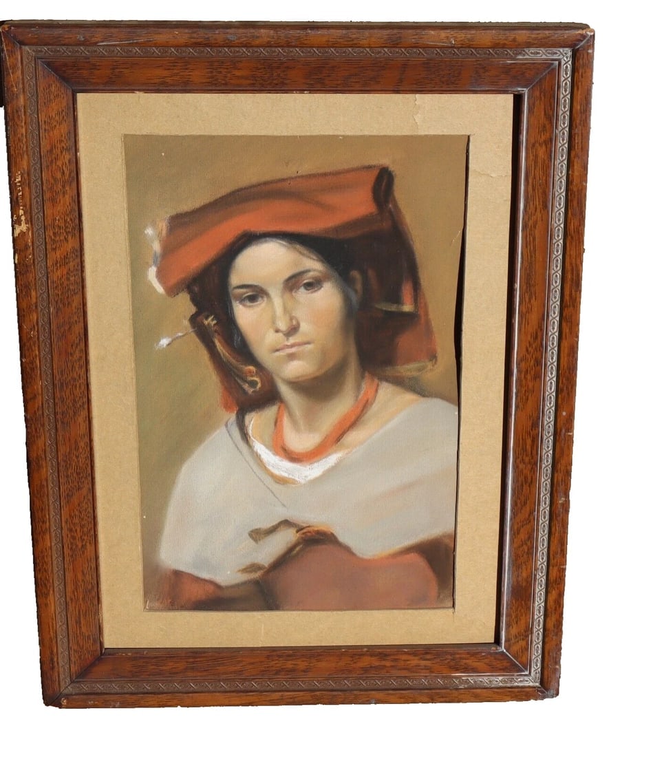 19th Century Pastel Portrait of a Handmaiden: Title:19th Century Pastel Portrait of a Handmaiden Description:Portrait of a 19th Century Handmaiden, 12" x 7-1/2" sight size pastel (framed size: 17" x 12-1/2") unsigned. Condition: Has no glass. We