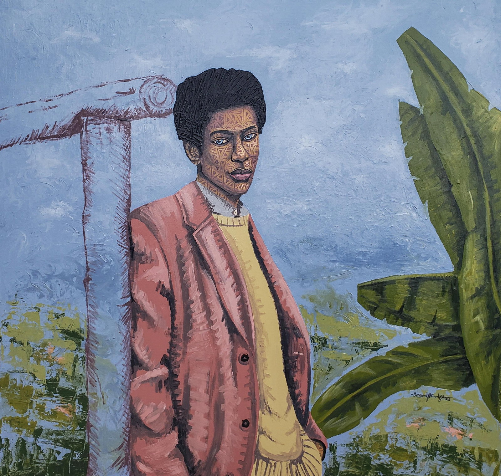 Desmond Akindoju, Framed by Foliage, 2023: Creator: Desmond Akindoju (2001, Nigerian) Creation Year: 2023 Dimensions: Height: 32 in (81.28 cm)Width: 32 in (81.28 cm)Depth: 1 in (2.54 cm) Medium: Canvas,Acrylic Movement & Style: Contemporary