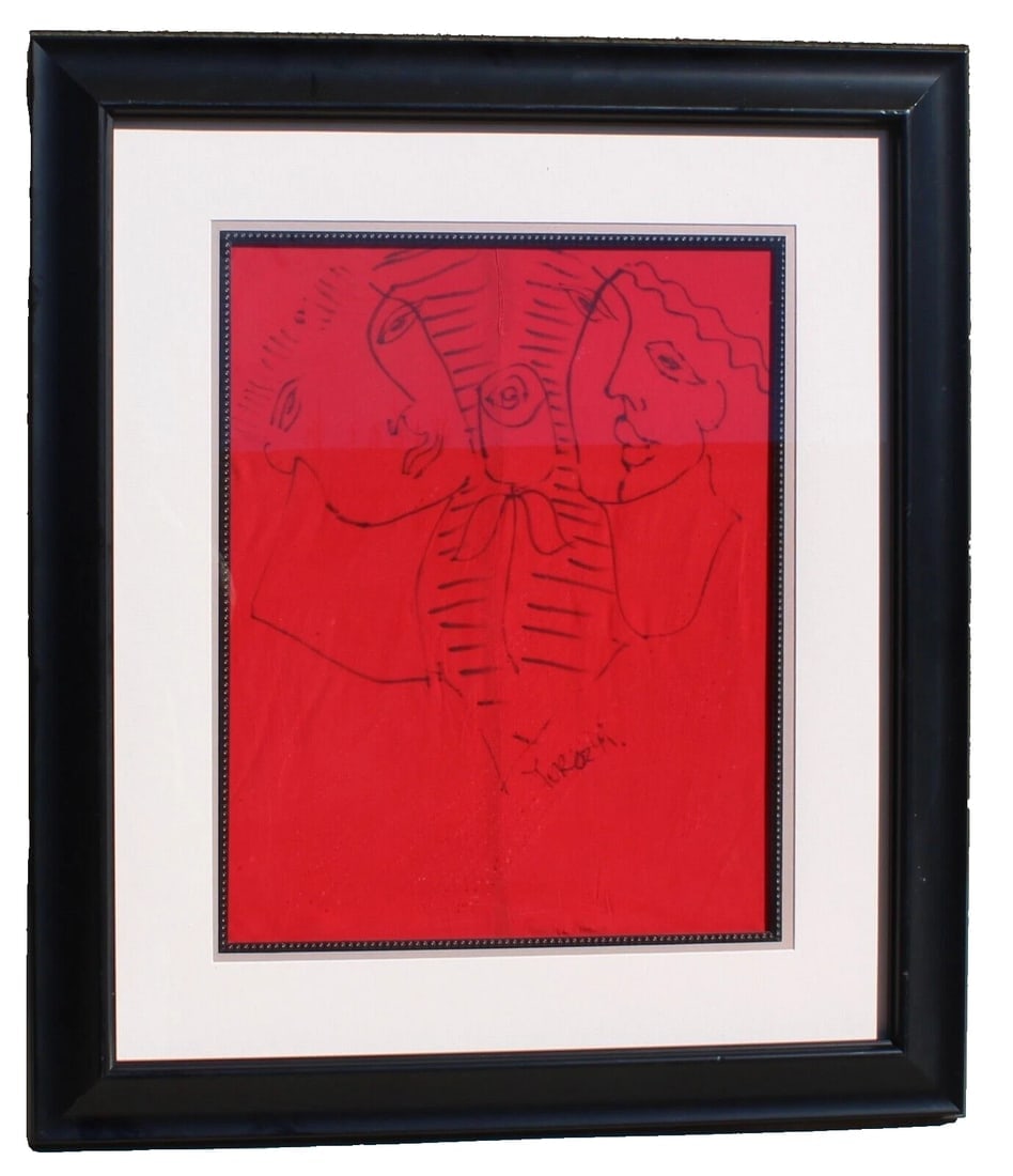 YURI YUROZ Two Figures with a Flower 1994 ORIGINAL DRAWING on Stitched Red Silk - 2