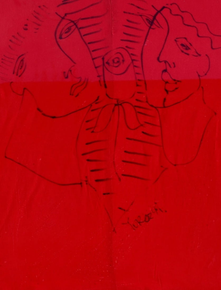 YURI YUROZ Two Figures with a Flower 1994 ORIGINAL DRAWING on Stitched Red Silk - 3