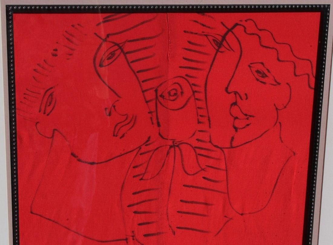 YURI YUROZ Two Figures with a Flower 1994 ORIGINAL DRAWING on Stitched Red Silk - 4