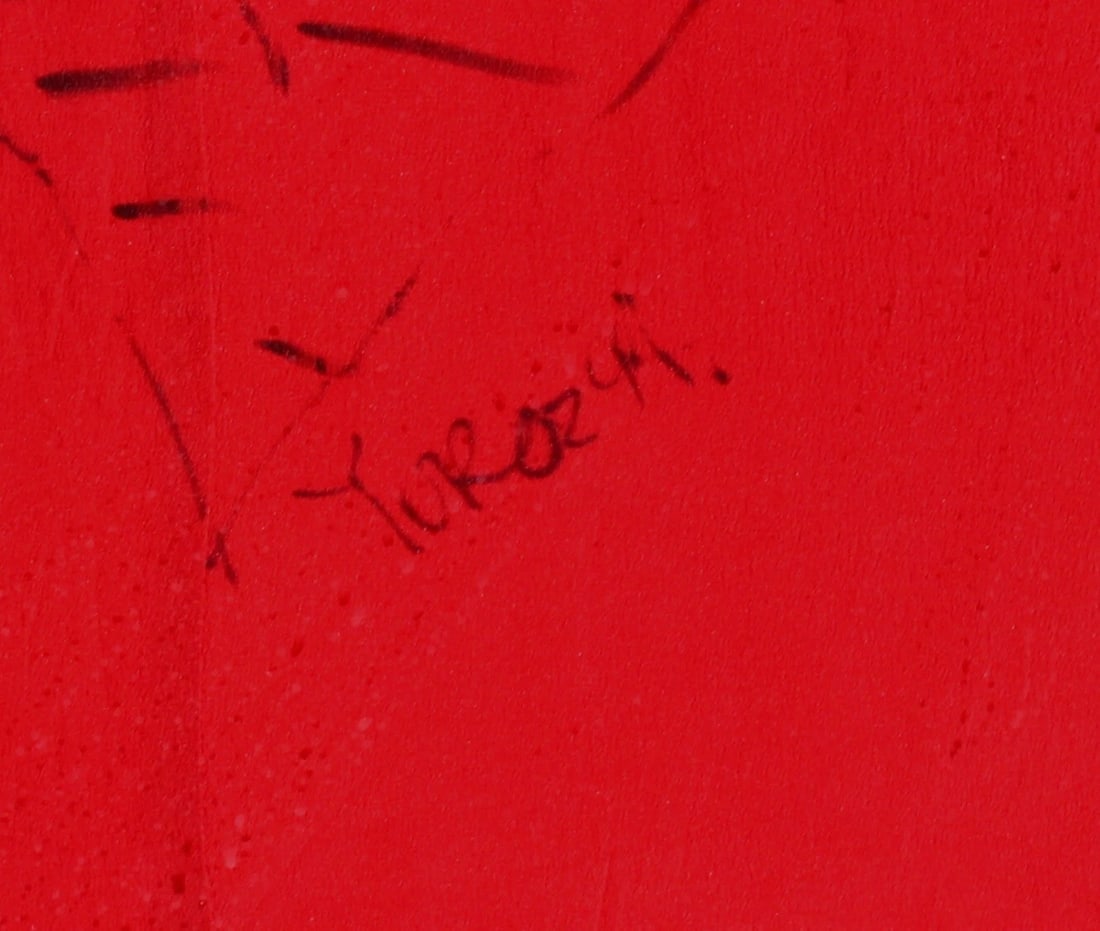 YURI YUROZ Two Figures with a Flower 1994 ORIGINAL DRAWING on Stitched Red Silk - 5