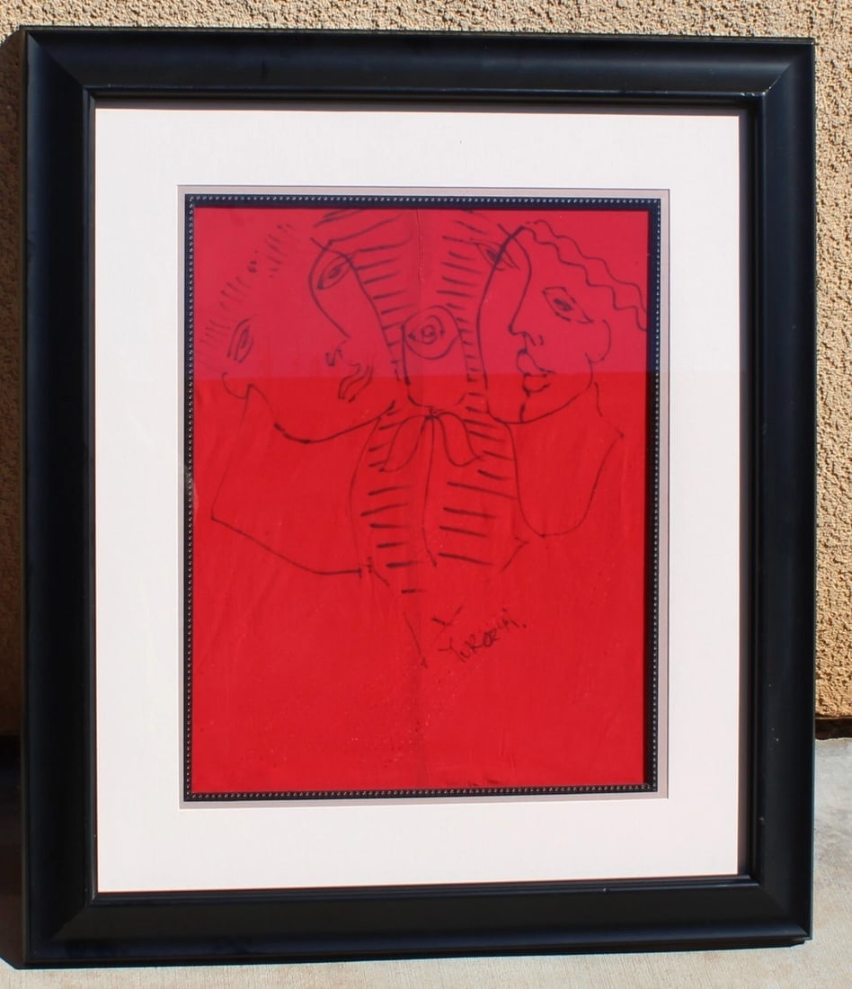 YURI YUROZ Two Figures with a Flower 1994 ORIGINAL DRAWING on Stitched Red Silk - 7