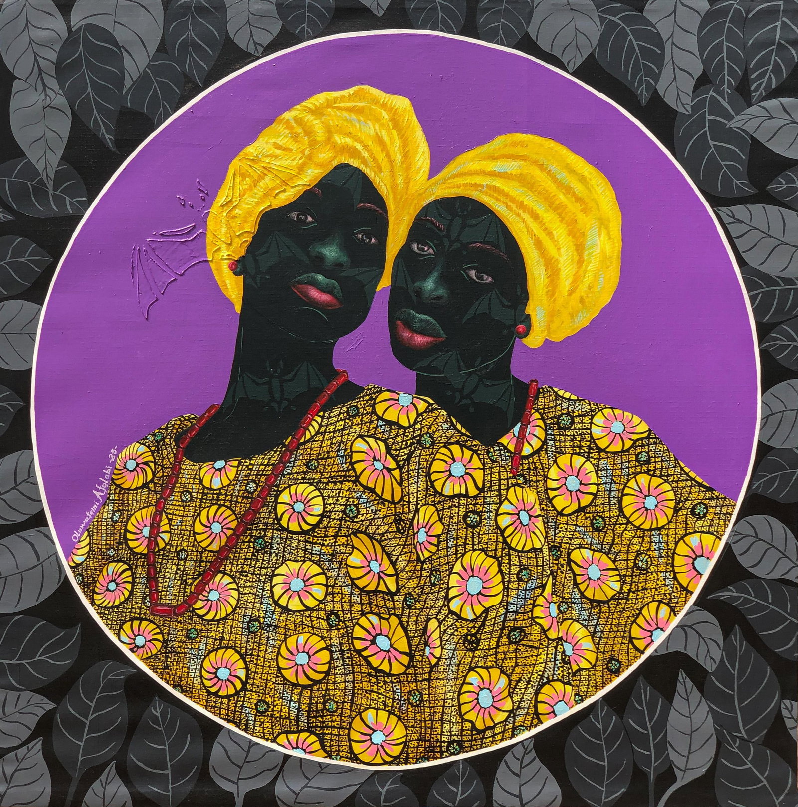 Oluwafemi Afolabi, Sisters in Yellow 1, 2023: Creator: Oluwafemi Afolabi (1992, Nigerian) Creation Year: 2023 Dimensions: Height: 48 in (121.92 cm)Width: 48 in (121.92 cm)Depth: 1 in (2.54 cm) Medium: Canvas,Acrylic Movement & Style: Conceptual