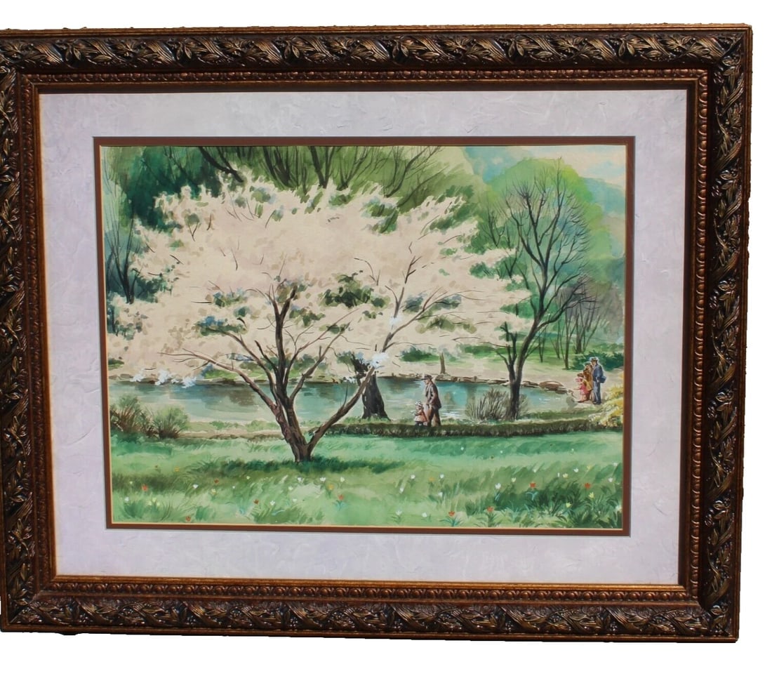 ROBERT R. YOUNG 20th Century Pennsylvania Figures in a Park with Pond watercolor (1 of 6)