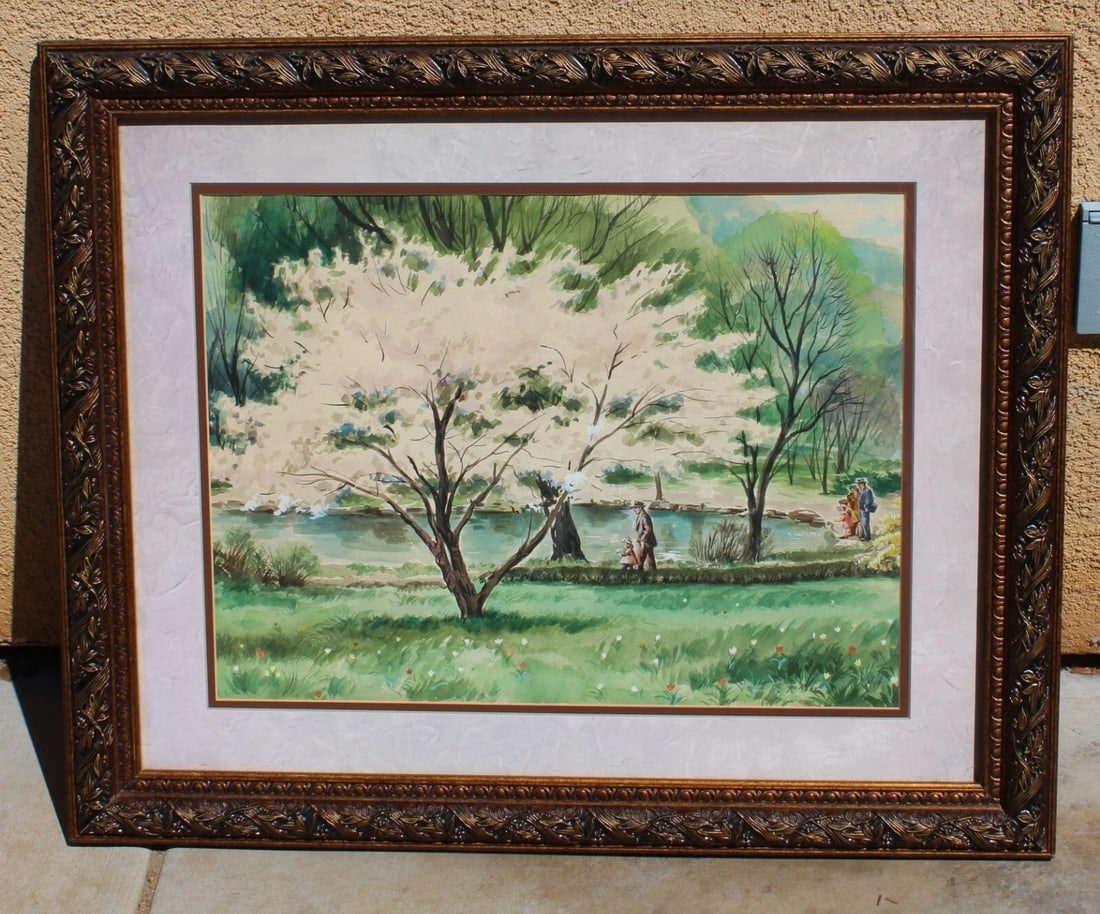 ROBERT R. YOUNG 20th Century Pennsylvania Figures in a Park with Pond watercolor - 3