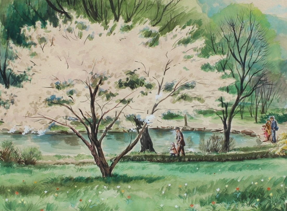 ROBERT R. YOUNG 20th Century Pennsylvania Figures in a Park with Pond watercolor - 4