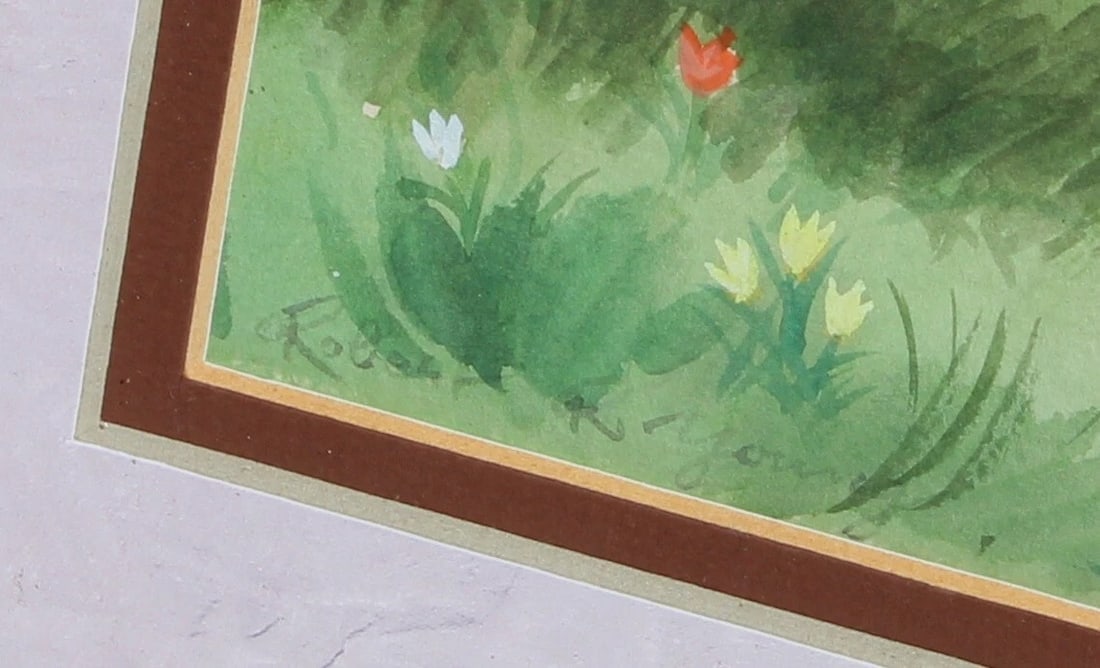 ROBERT R. YOUNG 20th Century Pennsylvania Figures in a Park with Pond watercolor - 5