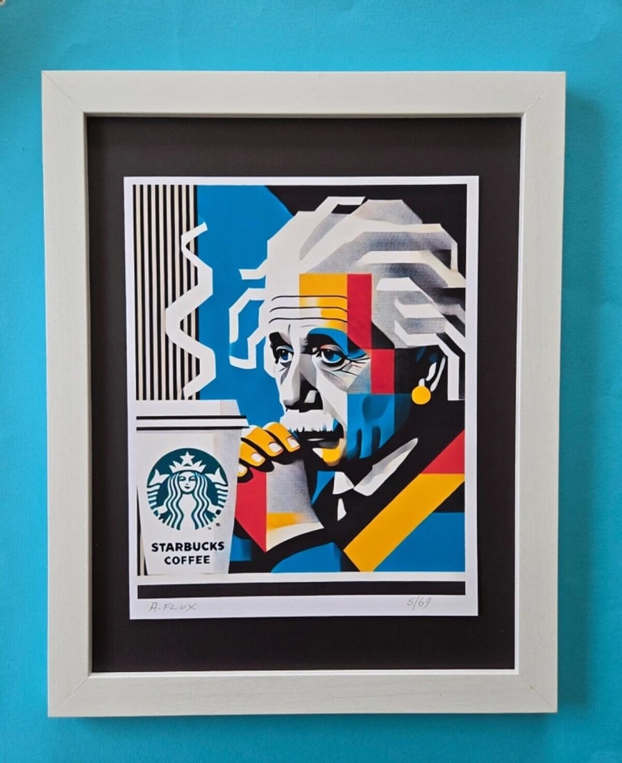 AIDAN FLUX | Hand Signed Original Print Framed EINSTEIN NEEDS A STARBUCKS COA: This is a one-of-a-kind Hand Signed Authentic Giclee by AIDAN FLUX. From his Series "American Icons" The print is 10x8in., measuring framed 16 inches in height and 12 inches in width, it comes framed