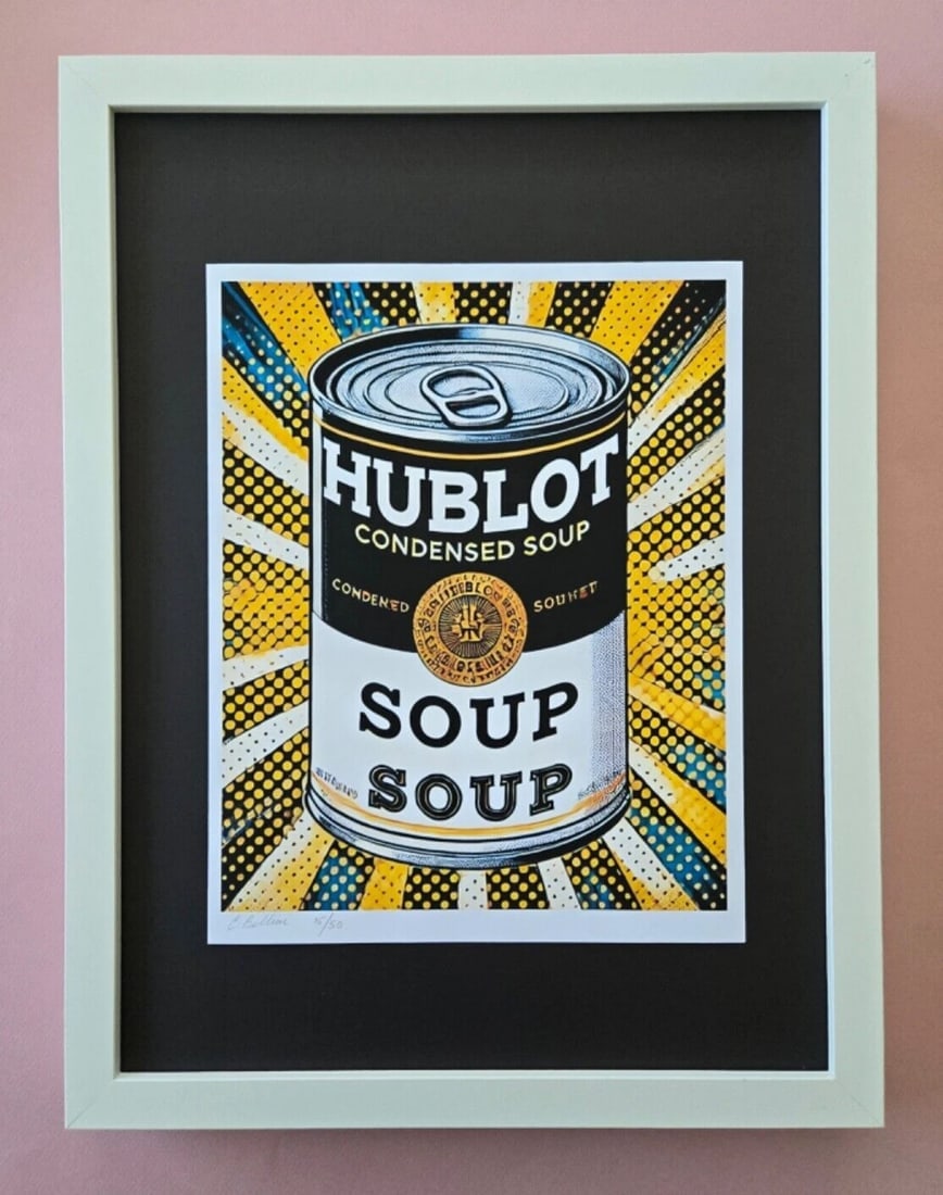 CHIARA BELLINI + HUBLOT CAMPBELL'S SOUP Hand Signed Original Print LtdEd COA: In her latest project, Chiara Bellini launched a collection of pop art-inspired soup cans titled Luxury Soup Cans. Inspired by pop art icons like Andy Warhol and his famous soup can series, Bellini