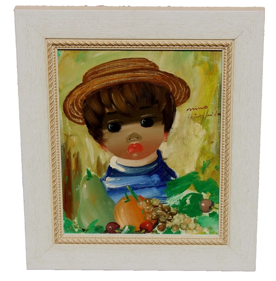 NINO GIUFFRIDA Mid Century Modernist Parisian Big Eyed Boy Wearing a Hat oil: Title:NINO GIUFFRIDA Mid Century Modernist Parisian Big Eyed Boy Wearing a Hat oil Description:NINO GIUFFRIDA (1924 - France). Parisian Big Eyed Boy Wearing a Hat and Fruit, Circa 1969, 10-3/4" x