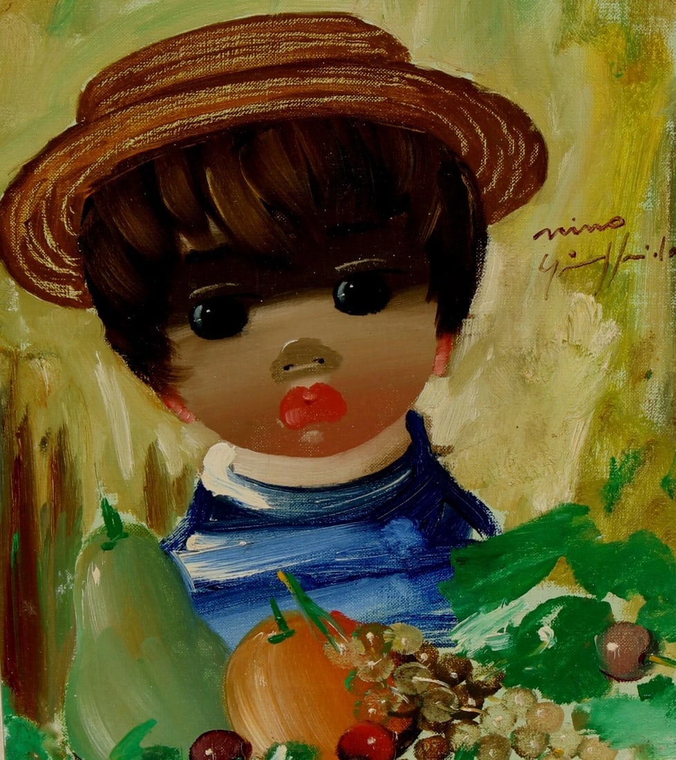 NINO GIUFFRIDA Mid Century Modernist Parisian Big Eyed Boy Wearing a Hat oil - 3