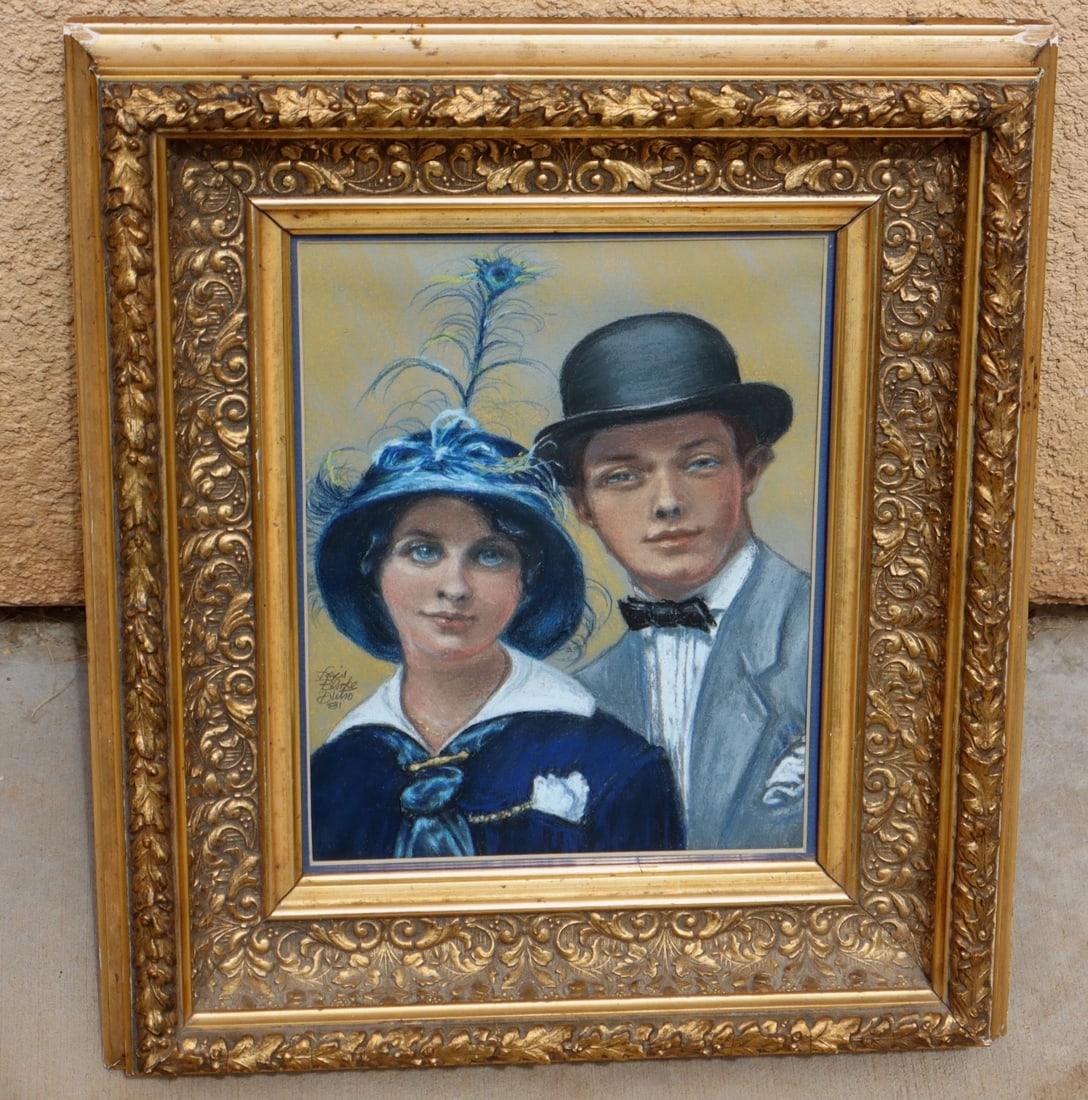 LOIS BLAKE DUTRO Woman in Peacock Feather Hat & Dapper Man in Top Hat Pastel (1 of 6)