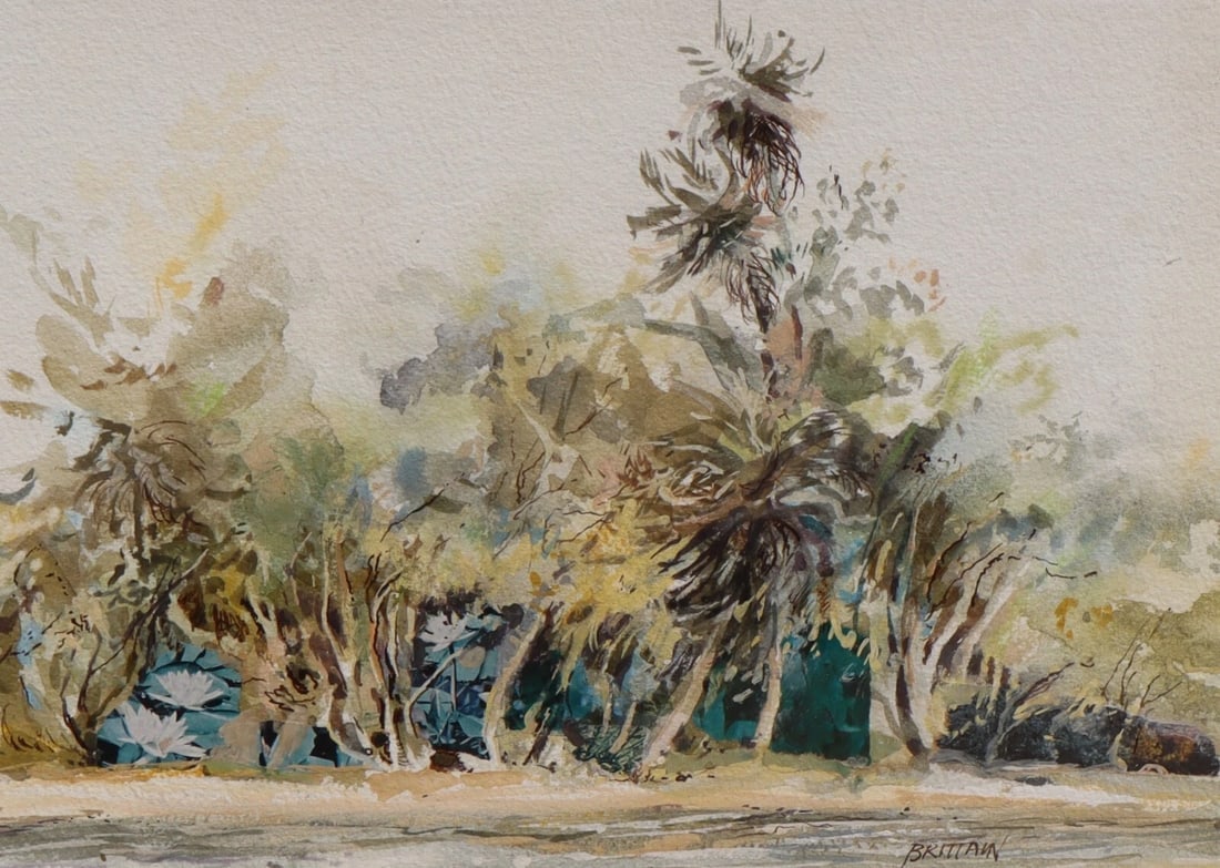 BRITTAIN Trees by a Shoreline original watercolor painting - 4