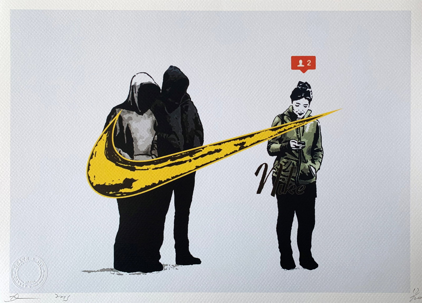 Death NYC iHeart Nike: Title: Death NYC iHeart Nike Date/Period: 21st Century Materials:Giclee on Fine art 300 gsm paper Size:17 3/4 x 12 1/2 inches Description:Artist: Death NYC, limited edition giclee on paper, out of