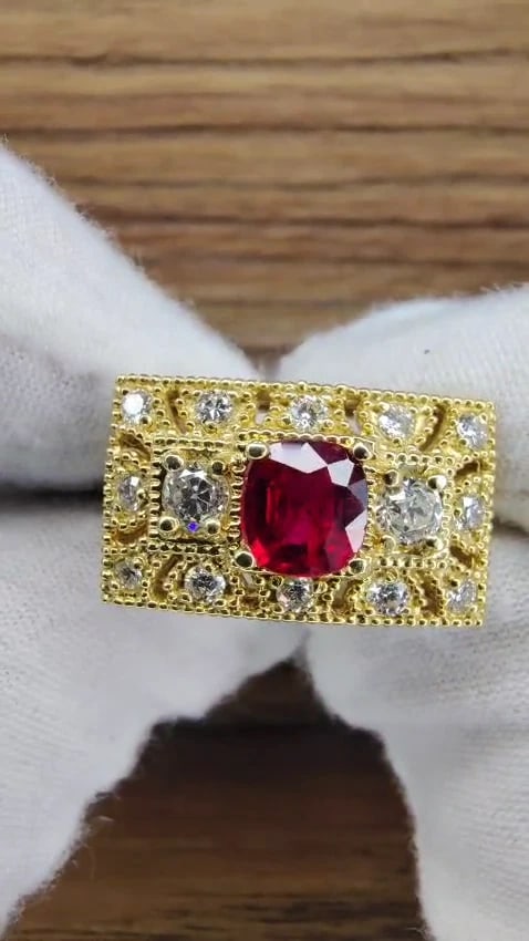 GIA 2.31CT NATURAL CUSHION VIVID RED RUBY DIAMONDS BYZANTINE RING 18KT GOLD*v - 2