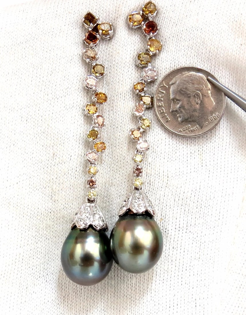 12.70mm NATURAL TAHITIAN PEARLS DANGLE COLOR DIAMOND EARRINGS 14KT** - 8
