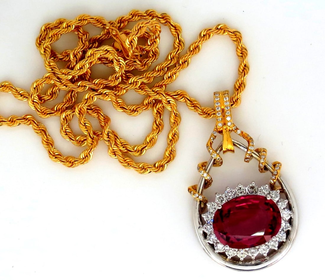 GIA 12.62CT NATURAL RUBELLITE PINK TOURMALINE DIAMONDS NECKLACE 18KT**: Title: GIA 12.62CT NATURAL RUBELLITE PINK TOURMALINE DIAMONDS NECKLACE 18KT** Description: MAGNIFICENT INVESTMENT JEWELS 10.82ct. Natural Rubellite & 1.80ct. Diamonds pendant. 3D Swirl design & Rubell