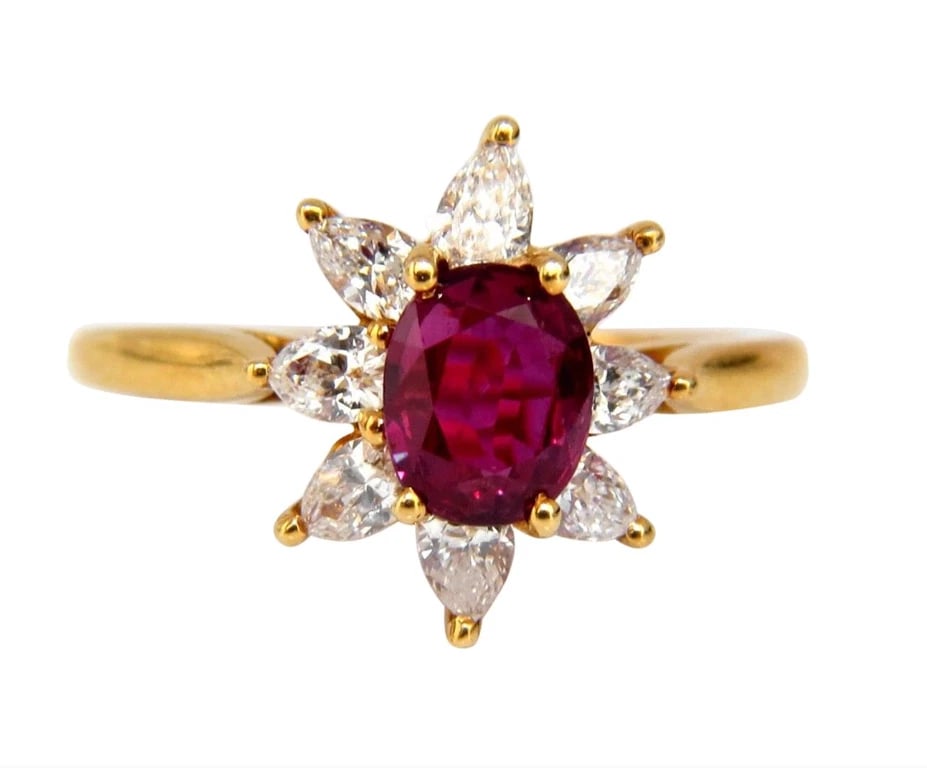 1.20ct Natural Ruby Diamonds Halo Pear Ring 18kt**: Title: 1.20ct Natural Ruby Diamonds Halo Pear Ring 18kt** Description: Ruby Halo Deco Pear Shaped 1.20ct. Natural Ruby Ring 6.4 X 5.1mm Full cut oval brilliant Clean Clarity & Transparent Prime Red - 