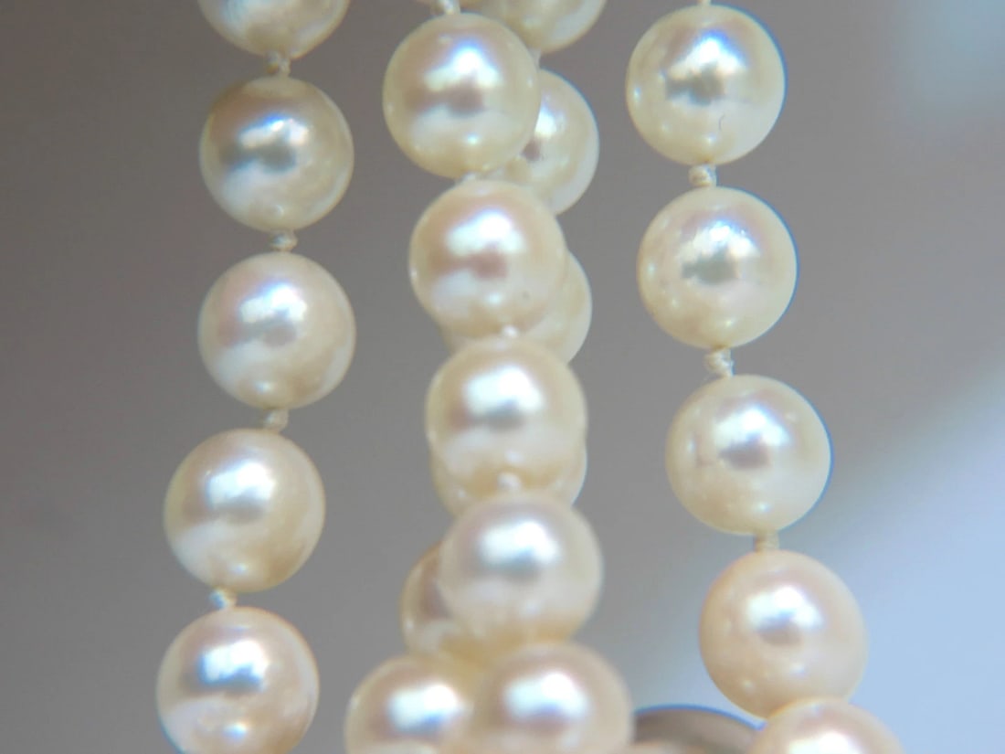 7.50mm JAPANESE DOUBLE STRANDED PEARLS .75CT DIAMONDS CLASP NECKLACE 14kt** - 3