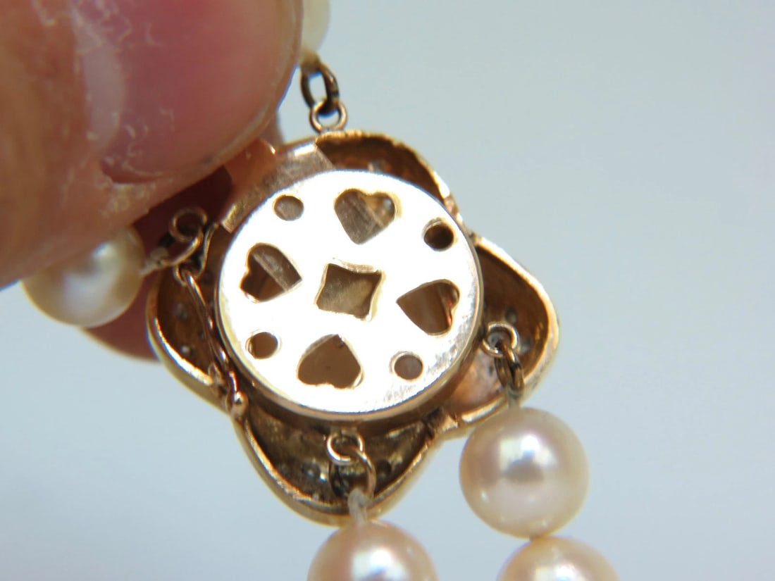 7.50mm JAPANESE DOUBLE STRANDED PEARLS .75CT DIAMONDS CLASP NECKLACE 14kt** - 4