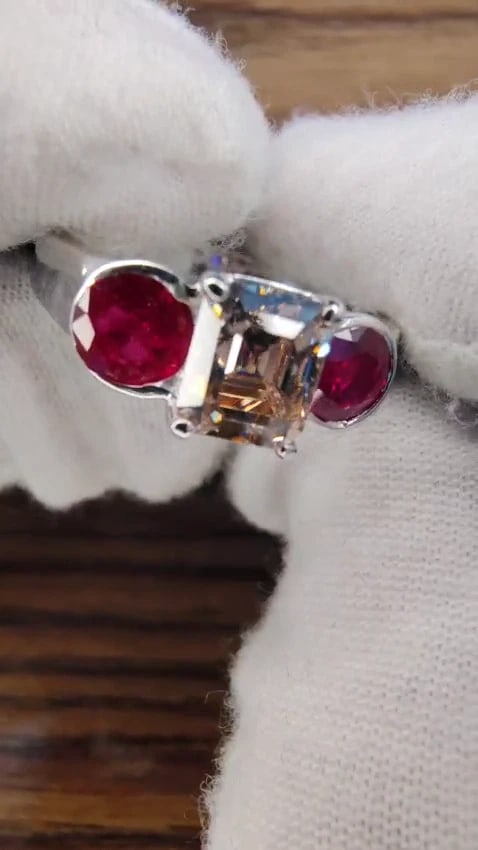 2.46CT Natural fancy color light brown diamond ruby ring 18kt. Three Stone *v - 2