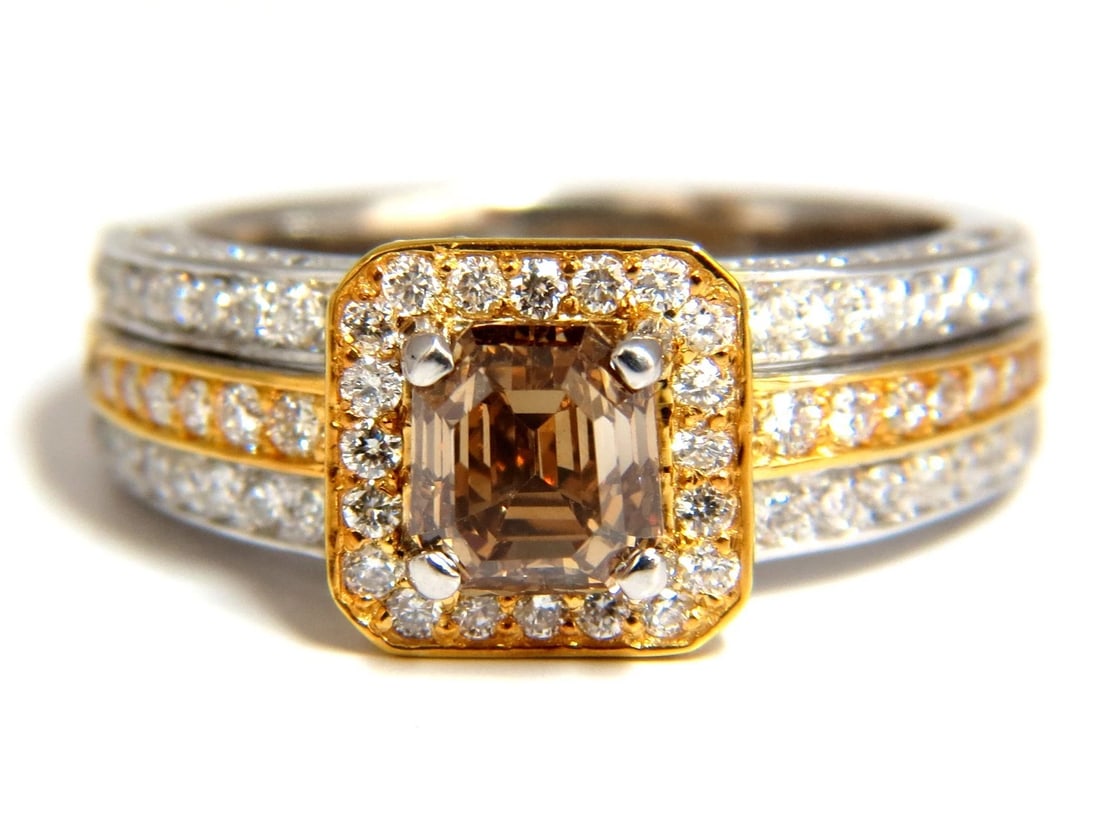 1.60ct natural fancy yellow brown diamond raised halo mod deco ring 14kt *v - 4