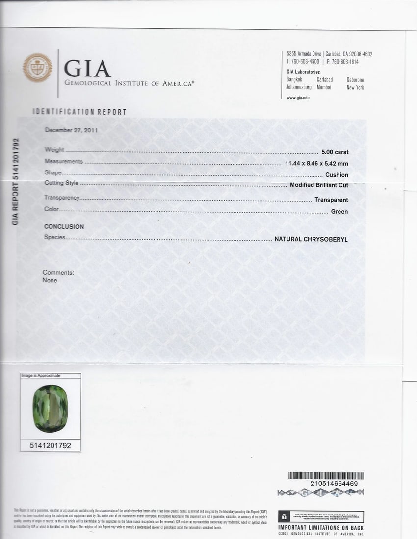 GIA CERTIFIED FINE GEM GREEN 7.60CT NATURAL CHRYSOBERYL DIAMOND RING 14kt*v - 11