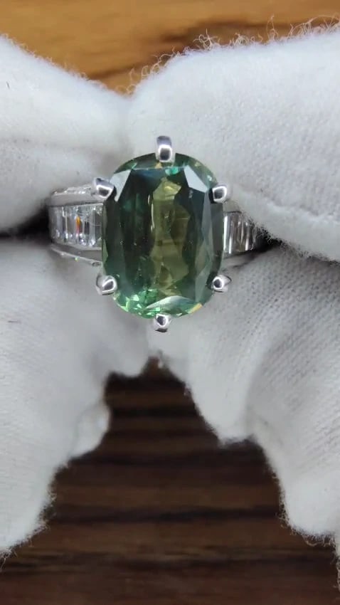 GIA CERTIFIED FINE GEM GREEN 7.60CT NATURAL CHRYSOBERYL DIAMOND RING 14kt*v - 2
