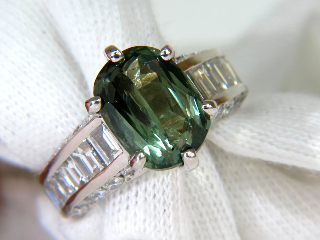 GIA CERTIFIED FINE GEM GREEN 7.60CT NATURAL CHRYSOBERYL DIAMOND RING 14kt*v - 7