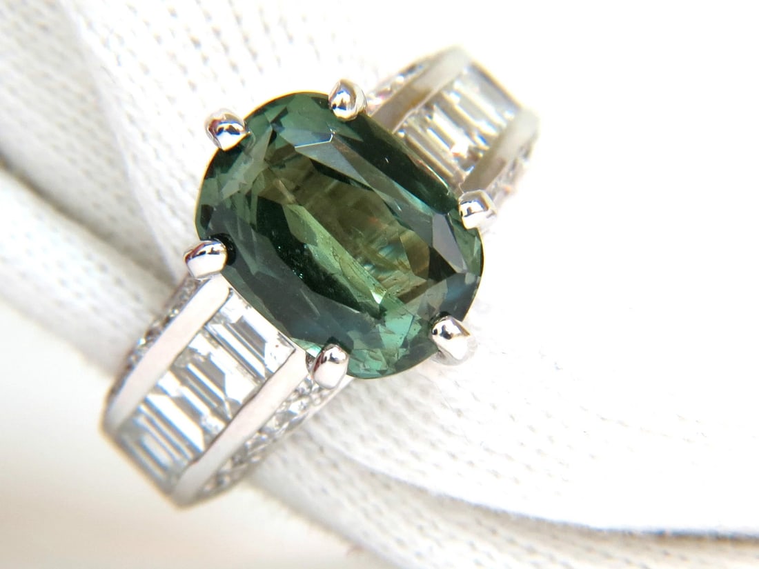 GIA CERTIFIED FINE GEM GREEN 7.60CT NATURAL CHRYSOBERYL DIAMOND RING 14kt*v - 8