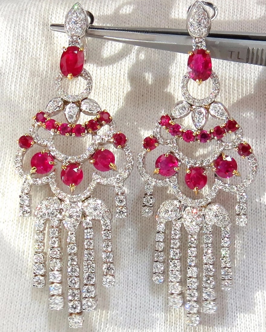 Natural Ruby Diamond Earrings Dangle 18kt Chandelier Glam Prime 11.20ct**: Title: Natural Ruby Diamond Earrings Dangle 18kt Chandelier Glam Prime 11.20ct** Description: Chandelier Statement Ruby Diamonds Dangling throughout 6.20ct. Natural Red Rubies. Rubies: Rounds & Oval, 