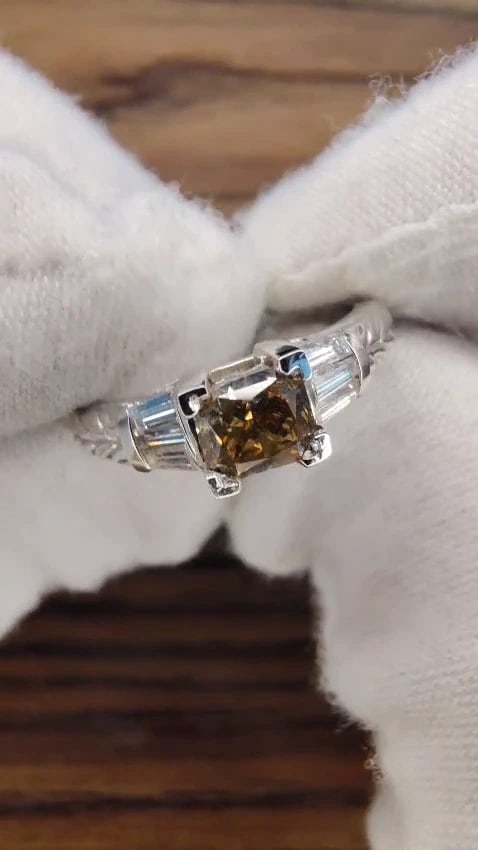 1.29ct. NATURAL FANCY BROWN DIAMOND RING 14KT GOLD EDWARDIAN GILT SCALING *v - 2