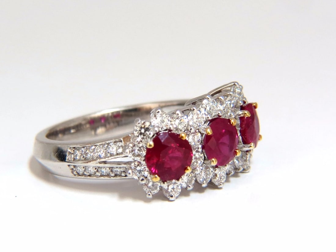 2.52ct natural vivid red ruby diamonds ring 14kt three stone halo class** - 3