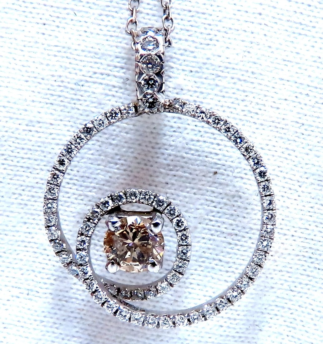 .95ct Natural Round Diamonds Circle Pendant Necklace 14kt**: Title: .95ct Natural Round Diamonds Circle Pendant Necklace 14kt** Description: MAGNIFICENT JEWELS Circle Necklace & Floating Diamond Center: .45ct Fancy Brown Vs-2 clarity Side diamonds .50ct