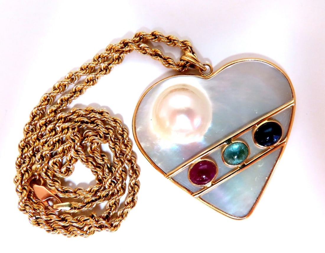 Mabe Blister Pearl Heart Shaped Necklace Rope Chain 14kt Emerald Ruby Sapphire** (1 of 7)