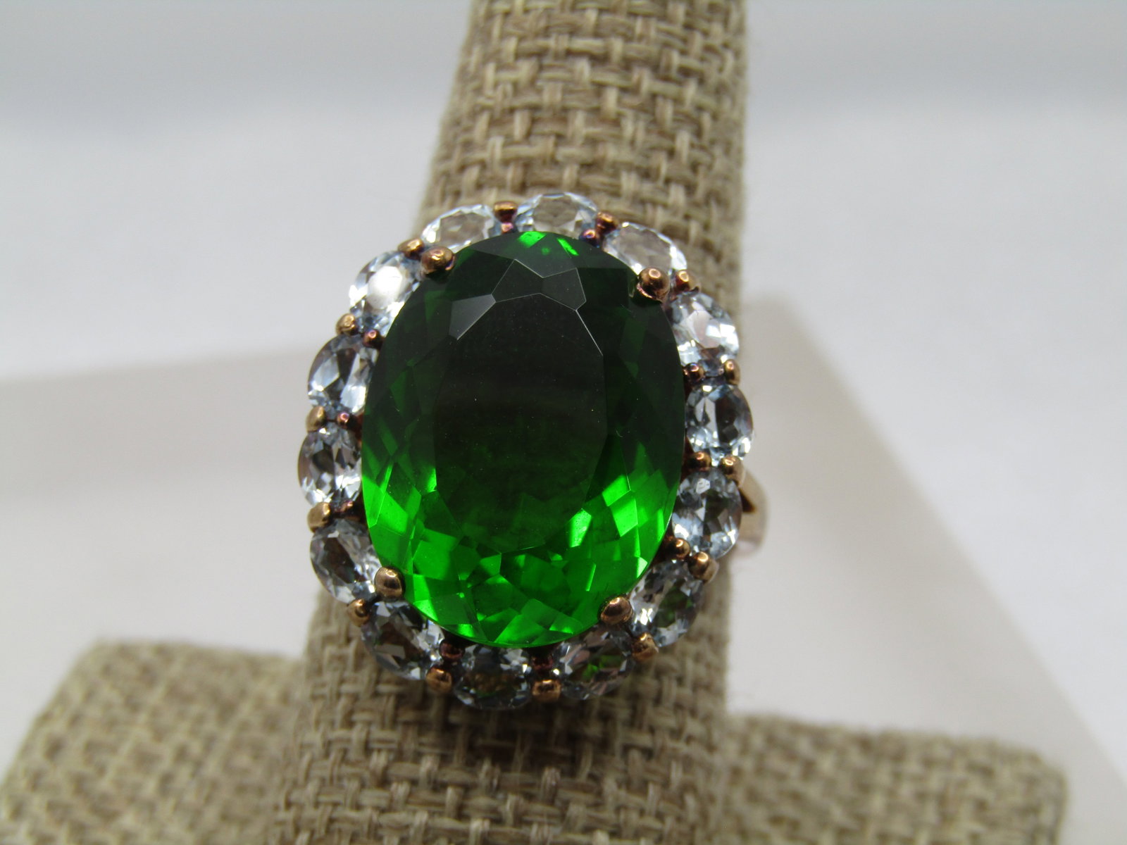 Vintage Sterling Vermeil Green & Blue Topaz Ring, Sz. 9.5, Stauer, 1990's-2000's: Vintage Sterling Green & Blue Topaz Ring, Sz. 9.5, Stauer, 1990's-2000's. Statement halo vermeil ring with a large center green stone that is appx. 18mm by 13mm, prong-set. It has a lower halo setting