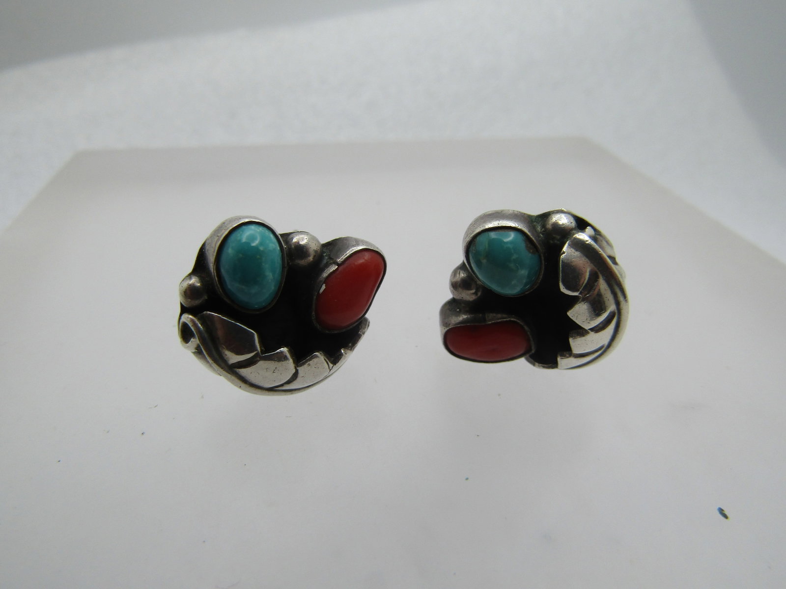 Vintage Sterling Southwestern Turquoise Coral Earrings, Clip, 1960's-1970's, Signed - 5