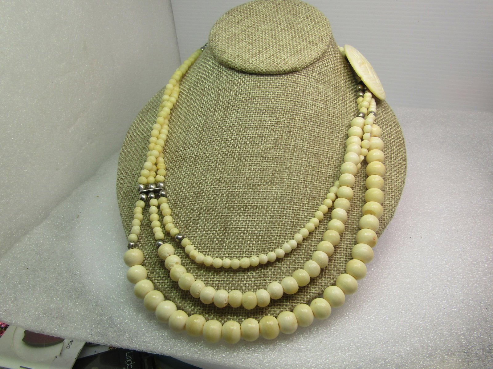 Vintage Carved Elephant Bone Necklace, Triple Strand, 23", 1970's-1980's (1 of 4)
