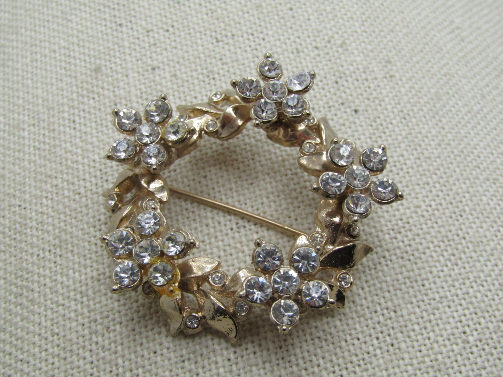 Vintage Clear Rhinestone Circle Brooch, Raised Blossoms, 1940's-1950's (1 of 5)