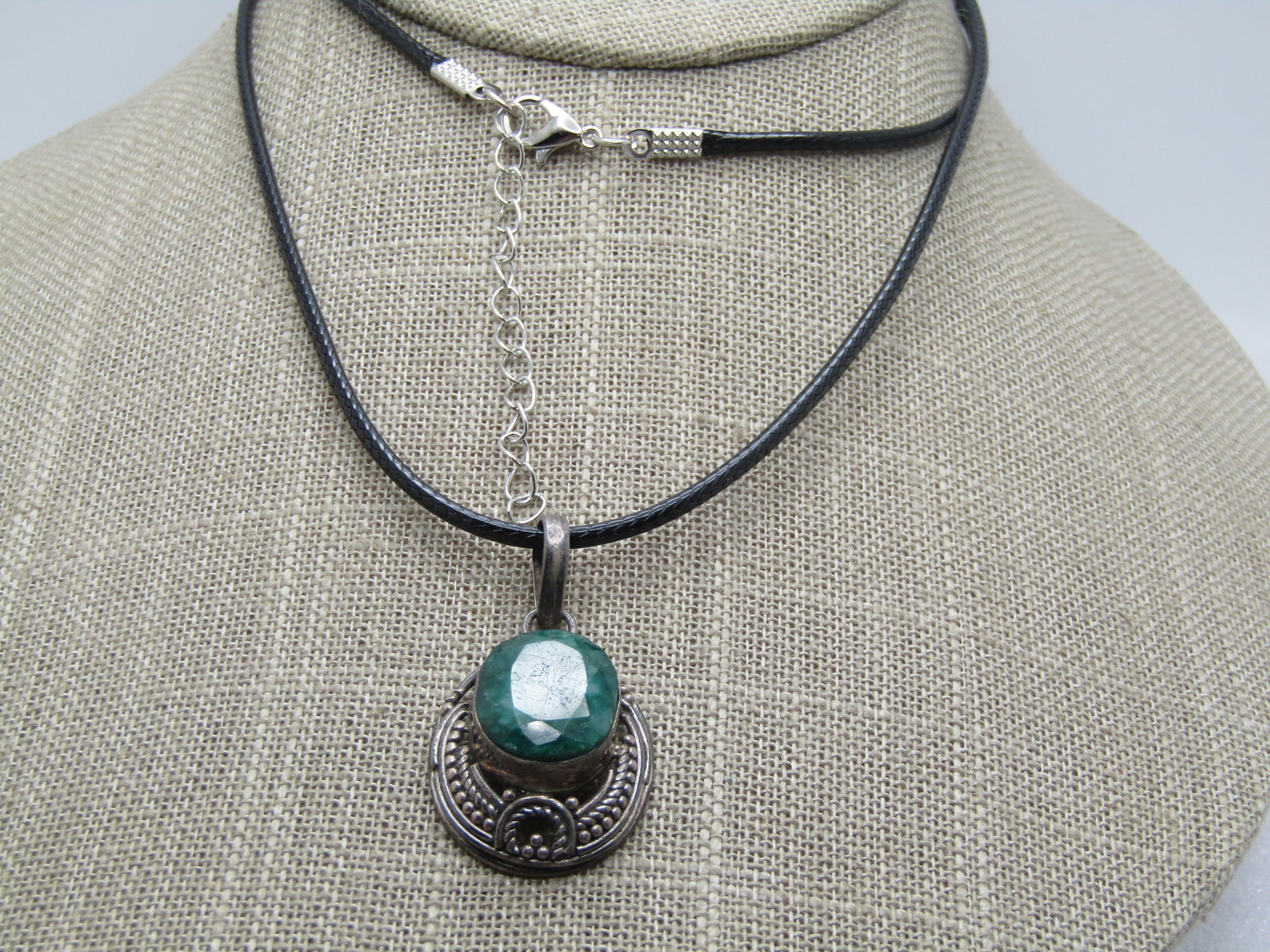 Vintage Sterling Green Natural Stone Necklace, 24"-26", 1980's-1990's: Vintage Sterling Green Natural Stone Necklace, 24"-26", 1980's-1990's. The pendant is 1.5" long and 3/4" wide. The stone is a green natural stone that is appx. 16mm by 13mm and is bezel-set and sits h