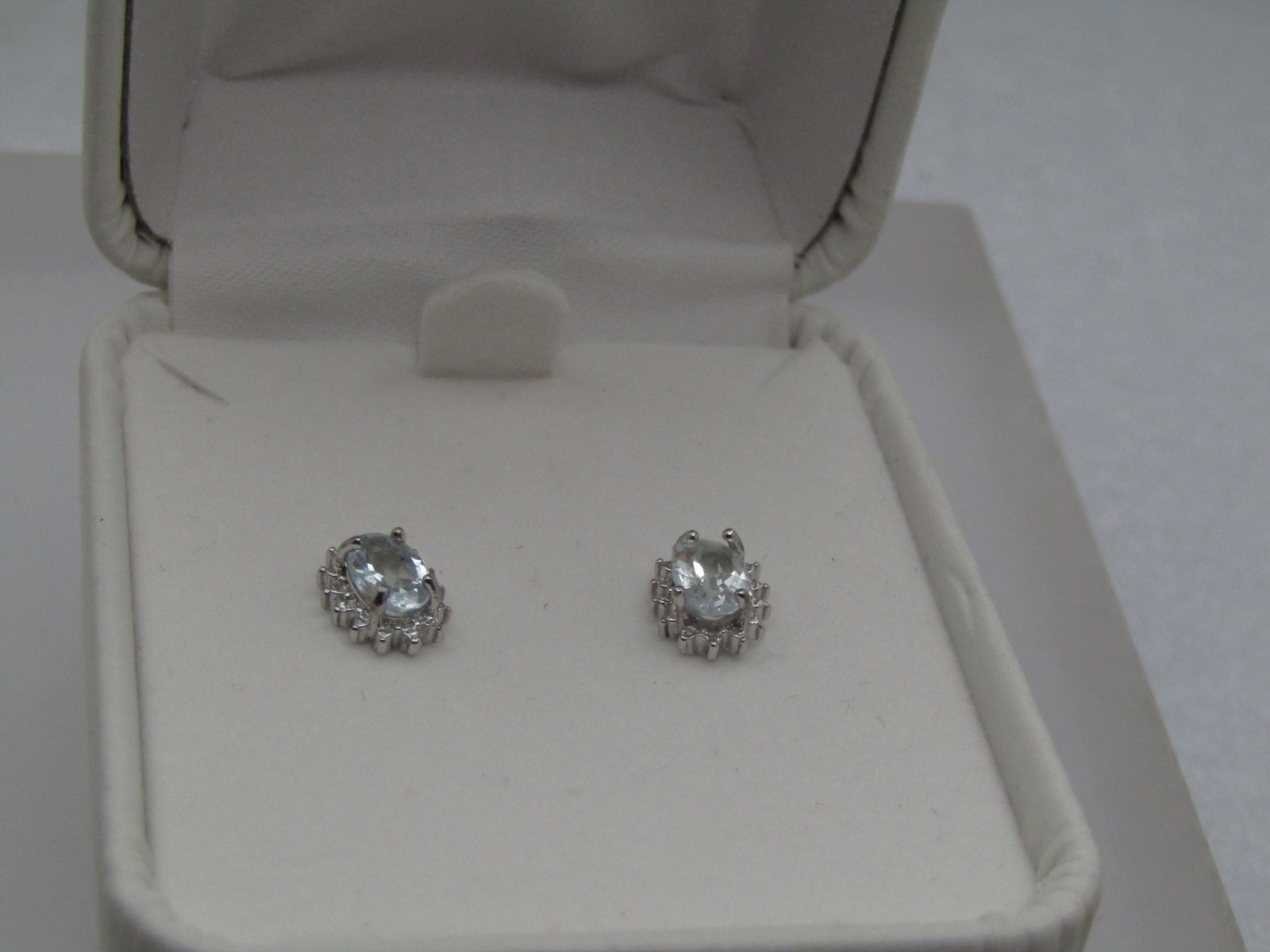 Sterling Aquamarine & Diamond Earrings, Pierced Studs, In Box: Sterling Aquamarine & Diamond Earrings, Pierced Studs, In Box, The halo around the aquamarines is an illusion halo - there is a diamond chip in each halo at the top and the remainder of the halo is