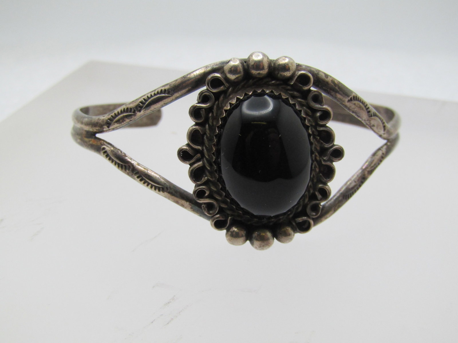 Vintage Sterling Southwestern Onyx Cuff Bracelet, 6", 1960's-1970's (1 of 5)