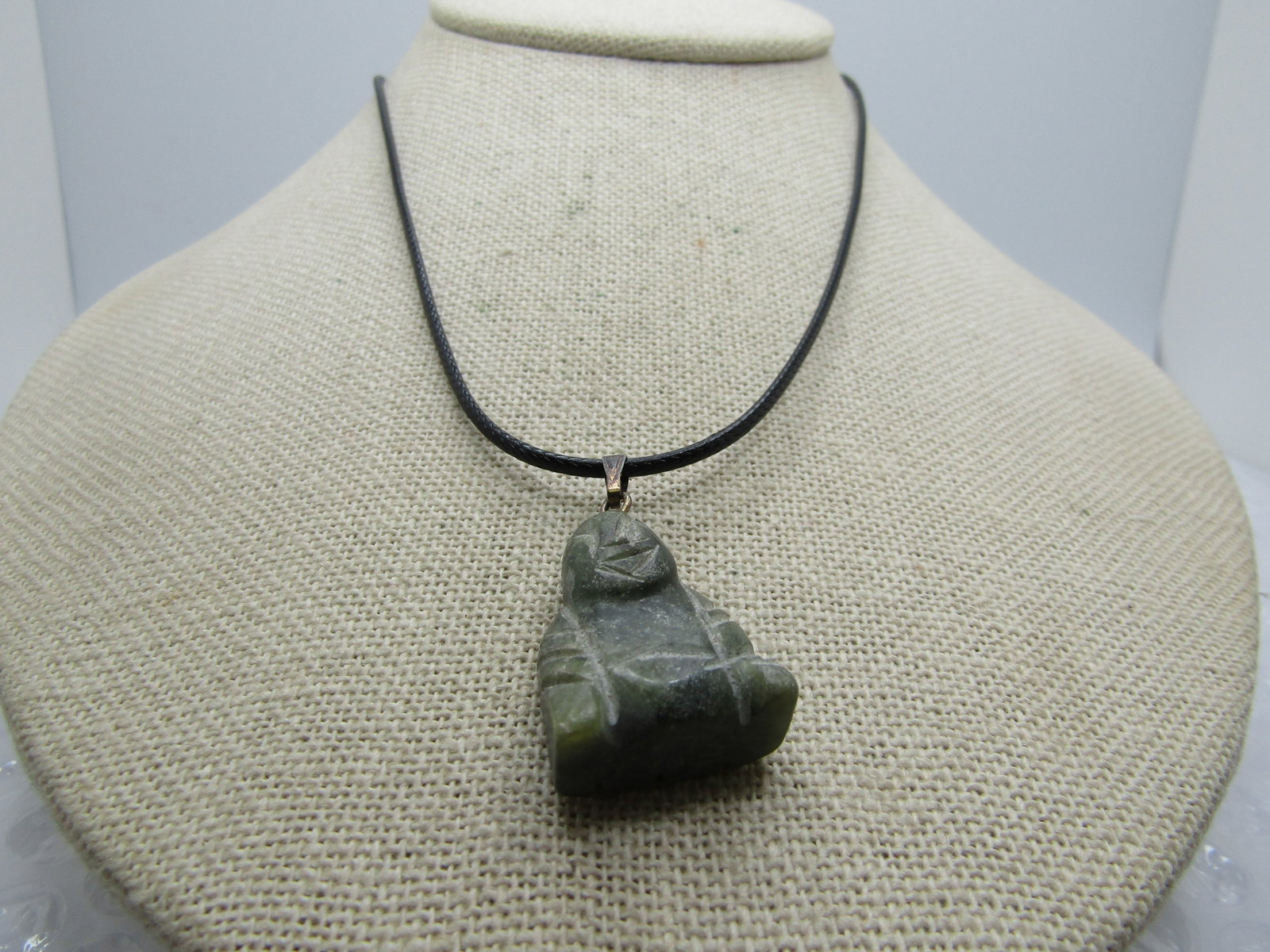 Vintage Green Agate Carved Buddah Necklace, 20" (1 of 5)